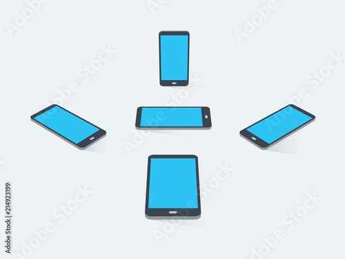 3D flat smart phones with blank screens and transparent shadows, isolated on light background. Easy to use for your website or presentation.