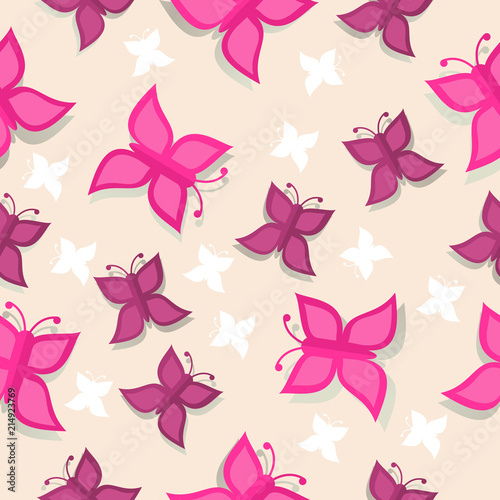 Seamless vector pattern of chaotically arranged flat butterflies on a beige background