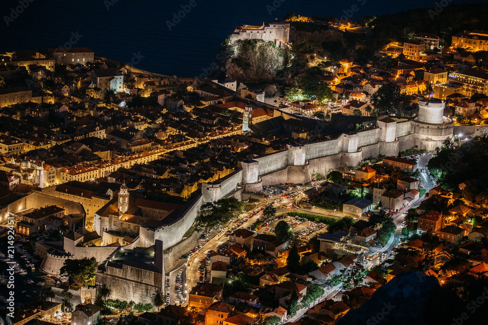 Dubrovnik, Croatia. View on the old town and Dalmatian Coast of Adriatic Sea. at night.