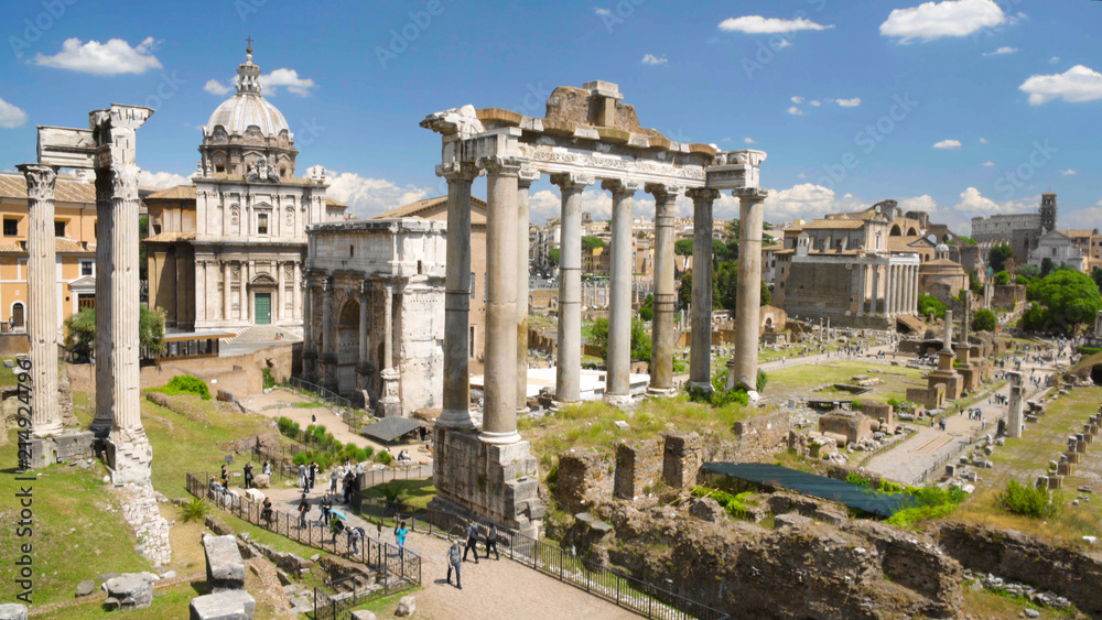 Roman Forum museum, group of tourists enjoying interesting tour, go sightseeing