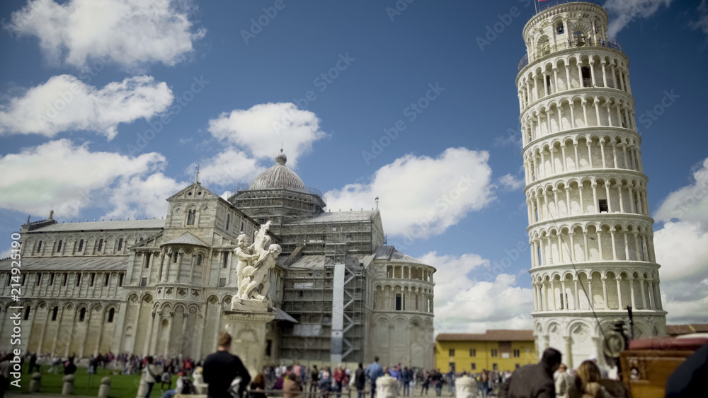 Italian landmarks, Fountain with Angels, cathedral and Leaning Tower of Pisa