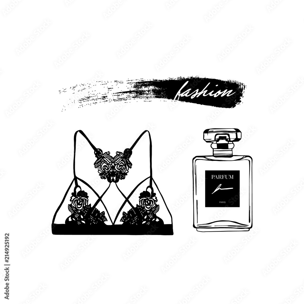 Woman trendy fashionable stickers with hand drawn bra and perfume