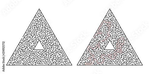 Triangular labyrinth. Maze isolated on a white background. Solution is made in red dotted line