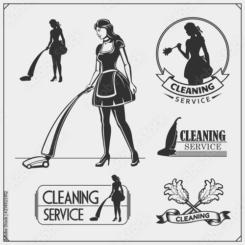 Set of cleaning service emblems with beautiful young maid. Clining badges, labels and design elements. Vintage style.