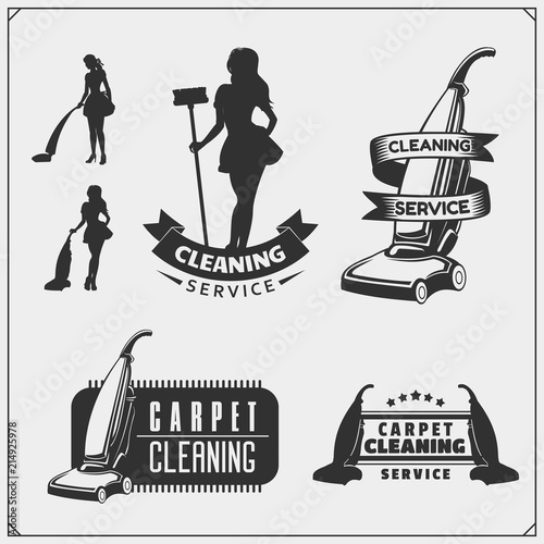 Set of cleaning service emblems with beautiful young maid. Clining badges, labels and design elements. Vintage style.