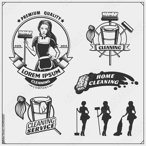 Set of cleaning service emblems with beautiful young maid. Clining badges, labels and design elements. Vintage style.