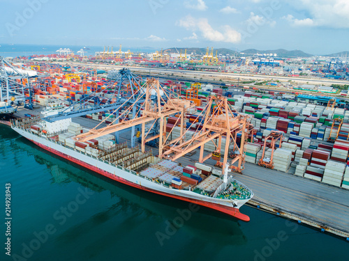 Containers ship vessel loading and discharging in port terminal, logistics and transport services delivery cargo to Worldwide international global