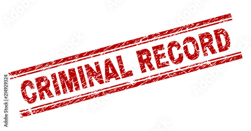 CRIMINAL RECORD seal print with grunge effect. Red vector rubber print of CRIMINAL RECORD text with corroded texture. Text label is placed between double parallel lines.