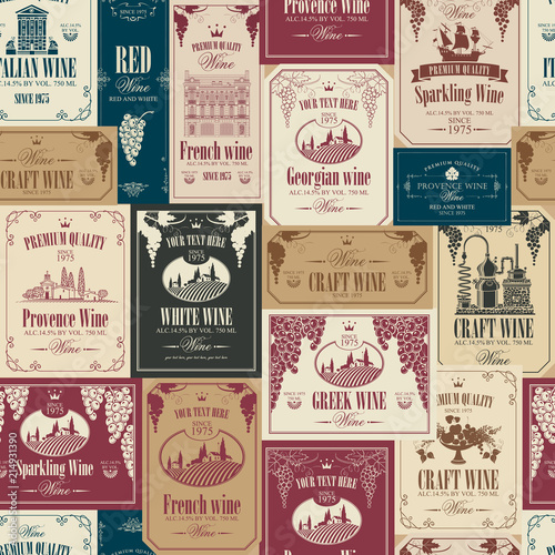 Vector seamless pattern on the theme of wine with various wine labels with images of grapes, landscapes, winery, castles, sailboats, fruits and other in retro style