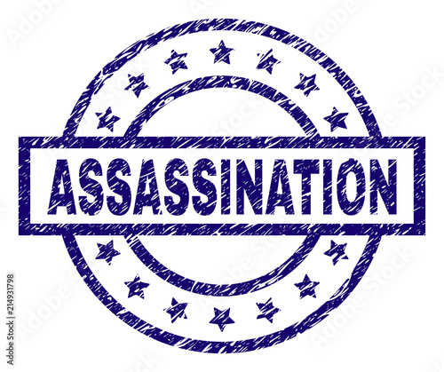 ASSASSINATION seal print with grunge effect. Designed with rectangle, circles and stars. Blue vector rubber print of ASSASSINATION caption with grunge texture.