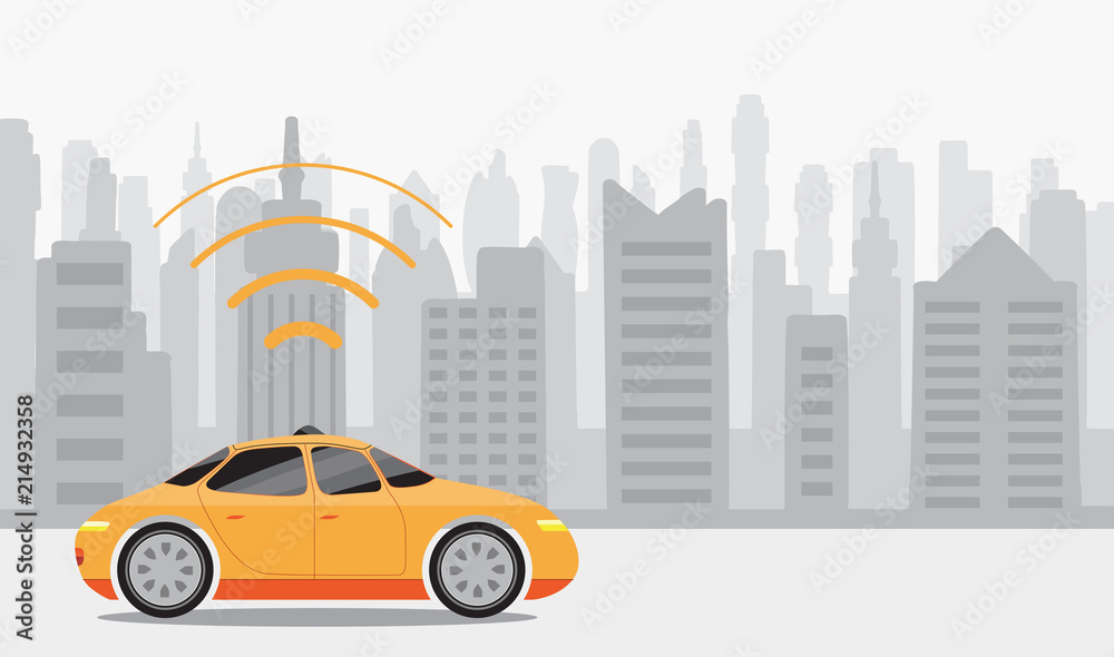 Robotic self-driving cars on city background.
