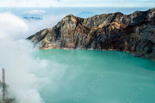 View from Ijen Crater, Sulfur fume at Kawah Ijen, Vocalno in Indenesia photo