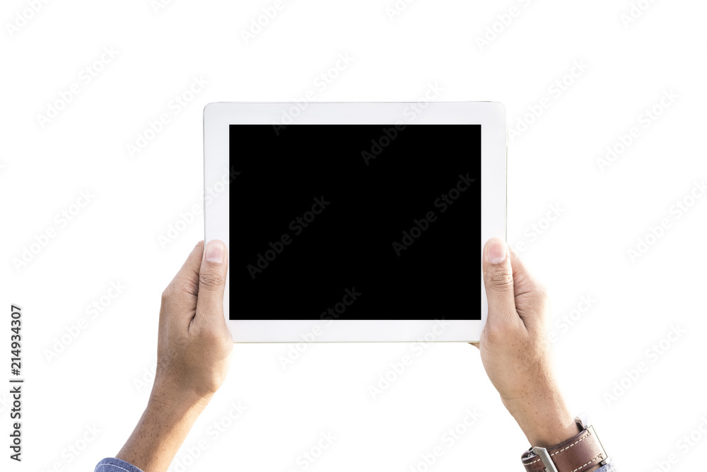 Handsome man hands holding digital tablet, With selection cut on white background