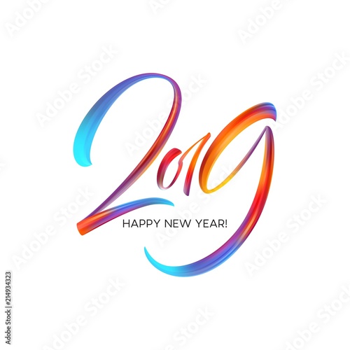 2019 New Year on the background of a colorful brushstroke oil or acrylic paint design element. Vector illustration