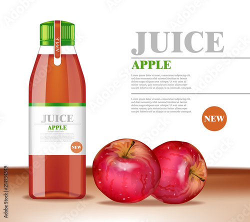 Apple juice bottle Vector illustration. Product packaging mock up. Label design templates