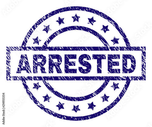 ARRESTED seal print with grunge texture. Designed with rectangle, circles and stars. Blue vector rubber print of ARRESTED caption with grunge texture.