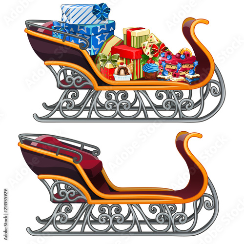 Set of iron sleigh of Santa Claus with gifts and festive cakes isolated on white background. Vector cartoon close-up illustration.