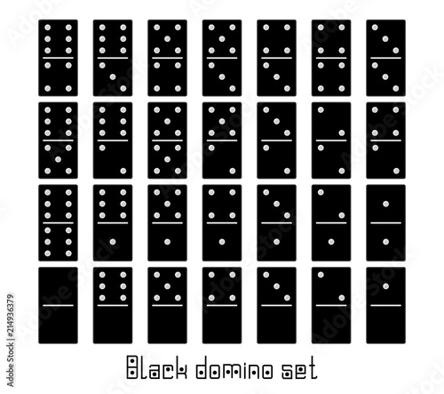 Realistic Dominoes full set 28 flat pieces for game . Black collection. Abstract concept graphic element, domino effect gaming icons set