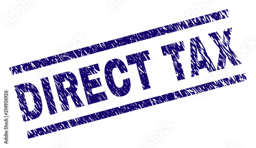 DIRECT TAX seal print with distress style. Blue vector rubber print of DIRECT TAX text with scratched texture. Text label is placed between parallel lines.