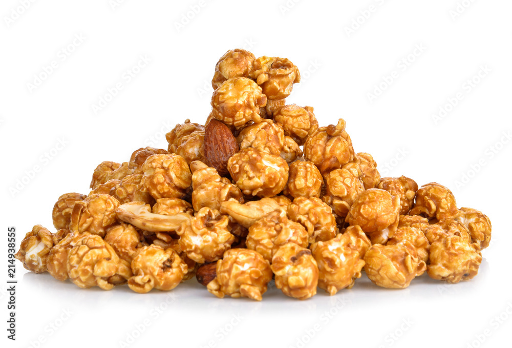 pieces of caramel popcorn on a white background pieces of caramel popcorn on a white background