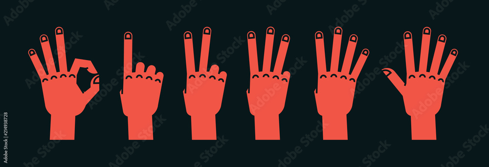 Count on fingers. Gesture. Stylized hands showing different numbers. Icons. Vector. Count on fingers. Gesture. Stylized hands showing different numbers. Icons. Vector.