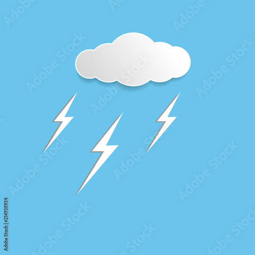 Cloud and lightnings flat design vector illustration on blue background.