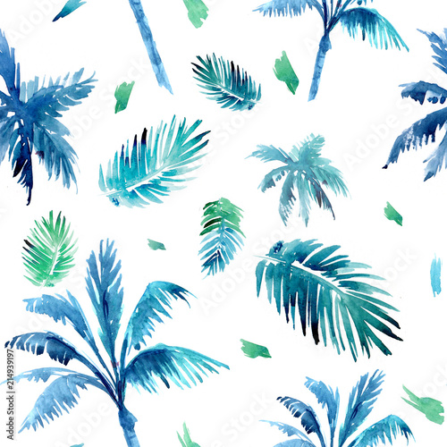 Seamless pattern with palm trees and tropical leaves. Watercolor illustration © aksol
