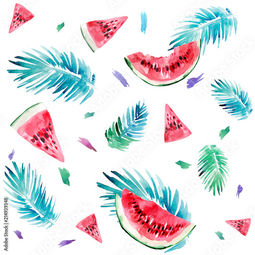 Seamless pattern with watermelon and tropical leaves. Watercolor illustration