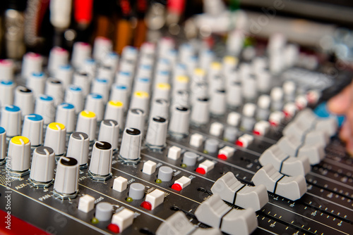  Blue DJ audio mixer shot close-up 
