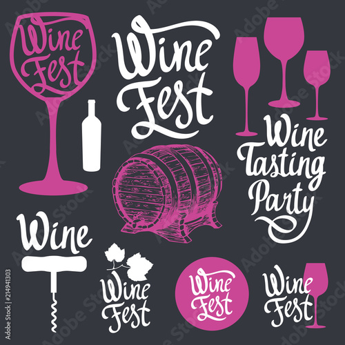 Vector illustration with labels, bottle, glass, corkscrew, cask in sketch style. Alcoholic beverages set. Wine festival. Brush calligraphy elements for your design. Handwritten ink lettering.