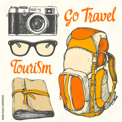 Travel hand-drawn set with sunglasses, camera, notepad, backpack. Vector illustration in sketch style on white background. Brush calligraphy elements for your design. Handwritten ink lettering.