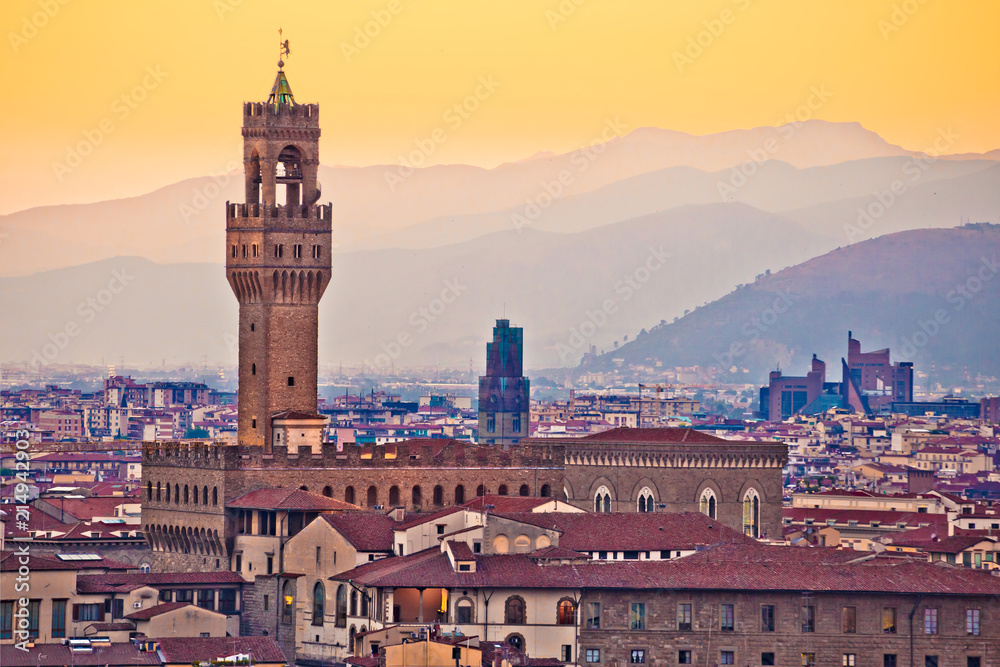 Ancient Florence cityscape and Palazzo Vecchio sunset view