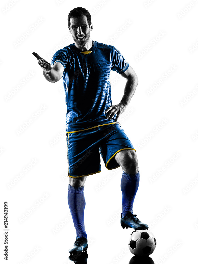 one caucasian soccer player man playing in silhouette isolated on white background one caucasian soccer player man playing in silhouette isolated on white background