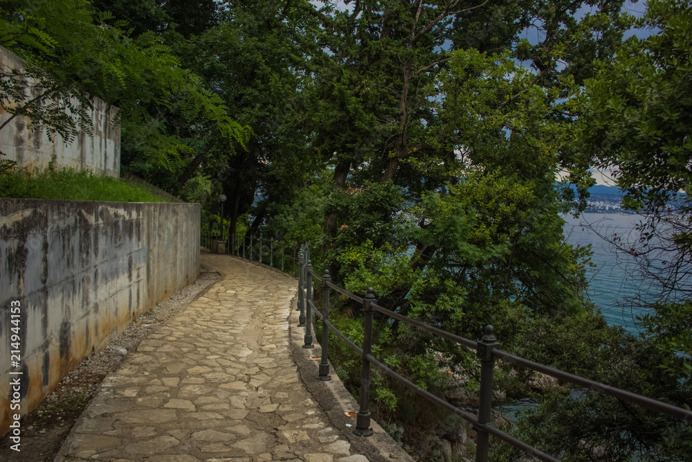 small concrete walking empty road near resort waterfront city street district between green trees park environment 