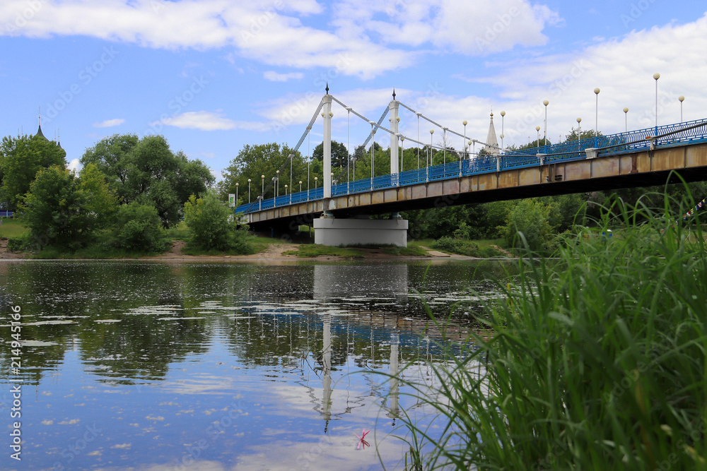 Cable-stayed bridge over the Kotorosl river in Yaroslavl. View from the island of Damansky