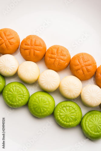 Photography Sweet Tiranga Peda or pedha or Indian tricolour Pera is a mithai prepared for In