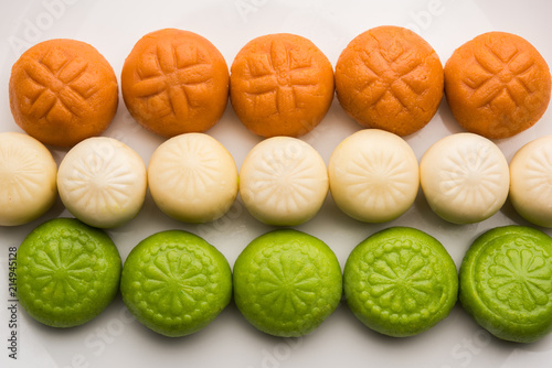 Sweet Tiranga Peda or pedha or Indian tricolour Pera is a mithai prepared for Independence or republic day greeting photo