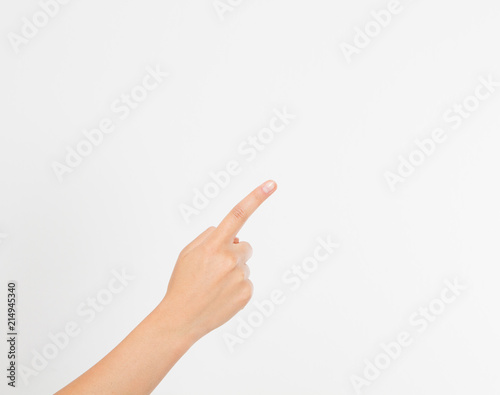 finger point isolated white background. woman girl hand. Mock up. Copy space. Template. Blank.