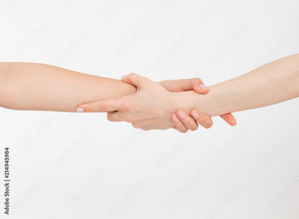 Two hands isolated. Helping hand to a friend. Copy space. Rescue or helping gesture of arms.