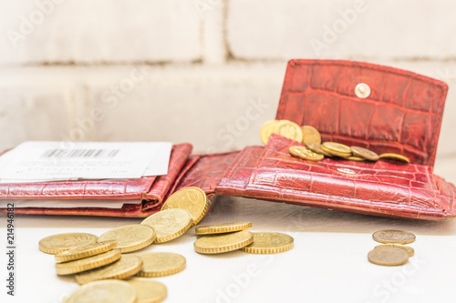 Pile of golden color coins in the red purse on the white background photo