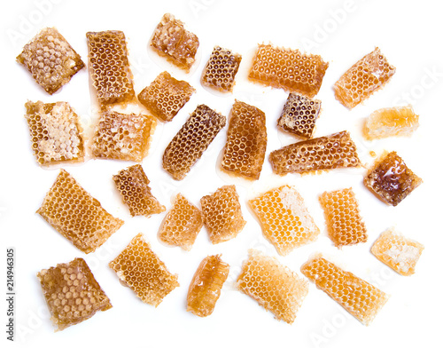 Pieces of honeycomb. Fresh bee honey pieces on white background.