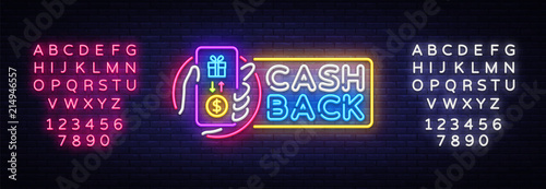 Cash Back sign vector design template. Smartphone in hand Cash Back symbols neon logo, light banner design element colorful modern design trend, bright sign. Vector. Editing text neon sign