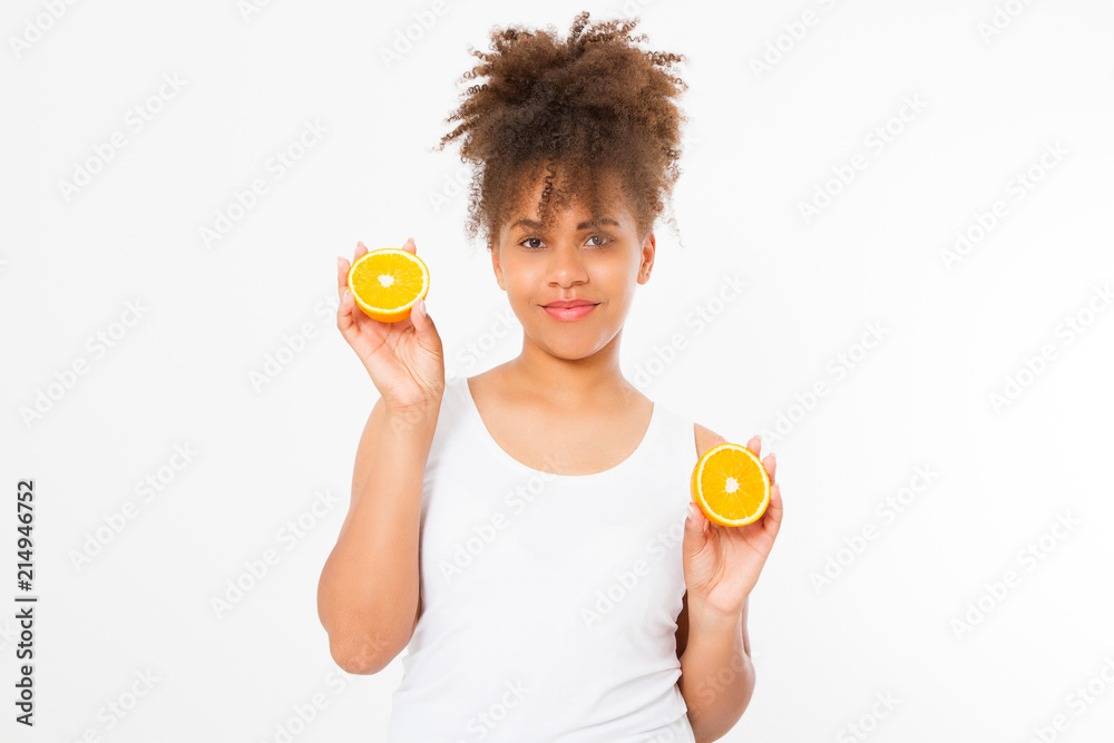 Beautiful young african american woman isolated on white background. Afro girl and diet concept. Copy space. Mock up. Skin care, spa and make up concept. Summer time. Afro curly hair style Beautiful young african american woman isolated on white background. Afro girl and diet concept. Copy space. Mock up. Skin care, spa and make up concept. Summer time. Afro curly hair style