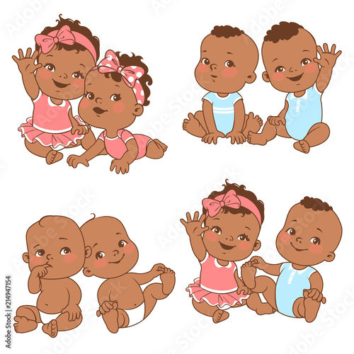 Baby shower set. Baby girl and baby boy with blank text bubble. Say hello mom or day. Different pairs of siblingsTwin shower card. Dark skin children. Ethnic baby. Vector illustration.