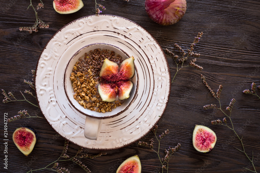 Fig smoothie in a mug. Healthy autumn fall smoothie on wooden background