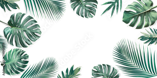 Tropical leaves set with white copy space background.Nature and summer concepts