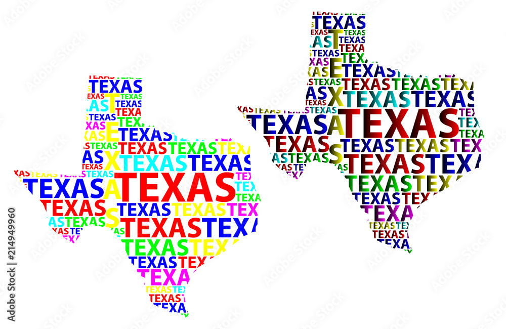 Sketch Texas (United States of America) letter text map, Texas map - in the shape of the continent, Map Texas - color vector illustration