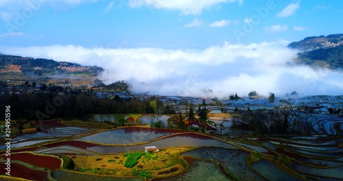 Aerial image showing colorful rice paddies in the foreground  sea of clouds in the background and the Qingkou Hani Folk Village on the left.