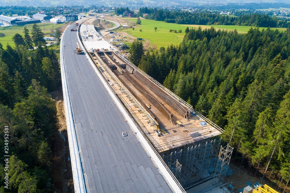 Aerial drone view on viaduct under construction Aerial drone view on viaduct under construction