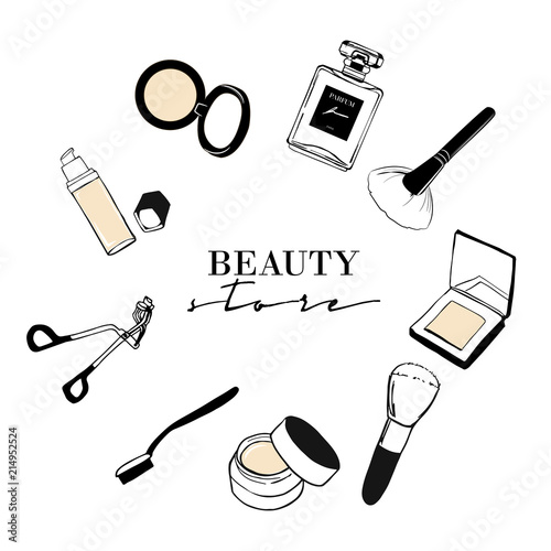 Beauty store makeup banner template design. Fashion woman accessory illustration circle set. Hand drawn Cosmetics: Foundation, Powder, blush, eyelash curling, concealer, eye shadow, perfume